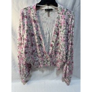 INC Floral Printed Pink Cardigan Sweater Cranberry Rose XXL Ribbed Knit Cropped